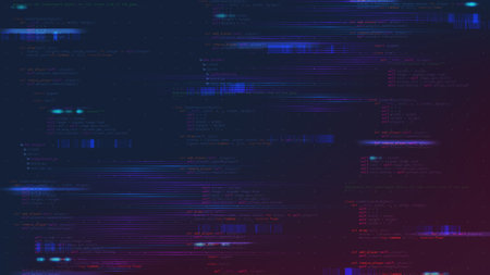 Programming source code banner. Programming source code concept. Bright vector illustration with web programming source code and glitch effect.のイラスト素材