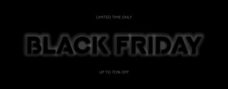 Black Friday Sale horizontal banner. Glowing typography text symbol of Black Friday with discount offer. Dark design template for Black Friday sale, advertising and social media.のイラスト素材