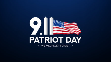 USA Patriot Day banner. 9th Sept Patriot memorial day. Silhouettes of world trade center south and north towers with American flag and lettering. Vector illustration. Day of remembering, September 11.のイラスト素材