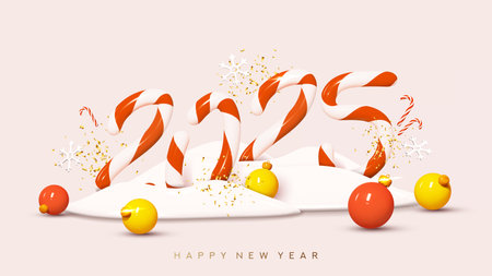 2025 Happy New Year banner. 3d candy number 2025 with plastic Christmas balls, snowdrift, snowflakes, candy canes and golden confetti. Happy New Year holiday symbol. Vector illustration.のイラスト素材