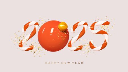 2025 Happy New Year banner. 3d candy number 2025 with red plastic Christmas ball and golden confetti. Happy New Year holiday sign. Christmas decoration. Vector illustration.のイラスト素材