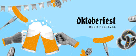 Trendy collage for Oktoberfest. Vector illustration with halftone Oktoberfest elements for decoration banners, flyers, social media, ads, event, holidays. Festive background.のイラスト素材
