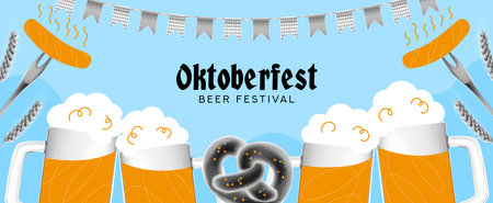 Trendy horizontal collage for Oktoberfest. Vector illustration with halftone Oktoberfest elements for decoration banners, flyers, social media, ads, event, holidays. Festive background.のイラスト素材