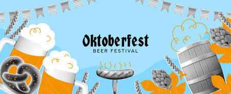 Trendy horizontal collage for Oktoberfest. Vector illustration with halftone Oktoberfest elements for decoration banners, flyers, social media, ads, event, holidays. Festive background.のイラスト素材