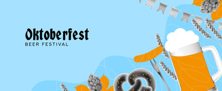 Trendy horizontal collage for Oktoberfest. Vector illustration with halftone Oktoberfest elements for decoration banners, flyers, social media, ads, event, holidays. Festive background.のイラスト素材