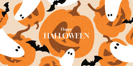 Happy Halloween holiday banner. Flat vector illustration with pumpkins, ghosts and bats. Cartoon Halloween gift card. Trendy holiday banner for decoration cover, poster, card, social media, event.のイラスト素材