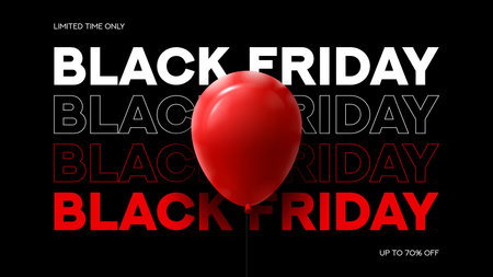 Black Friday typography banner. Modern minimal text symbol of Black Friday with red balloon and discount offer. Design template for Black Friday sale, promotion, advertising and social media ad.のイラスト素材