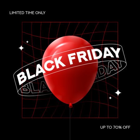 Black friday banner template. Black Friday sale in y2k style with red balloon, stars and discount offer. Design template for Black Friday sale, promotion, advertising and social media ad.のイラスト素材