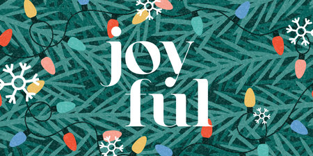 Merry Christmas greeting banner. Trendy vector illustration with fir tree branches, light garlands and typography design. Contemporary minimalist New Year banner for card, poster, cover, social media.のイラスト素材