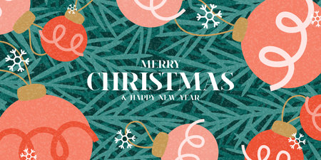 Merry Christmas greeting card. Trendy vector illustration with fir tree branches, Christmas balls and typography design. Contemporary minimalist New Year banner for card, poster, cover, social media.のイラスト素材