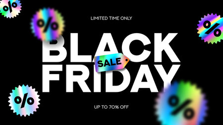 Black Friday typography banner. Minimalist text symbol of Black Friday with holographic stickers and discount offer. Design template for Black Friday sale, advertising and social media.のイラスト素材
