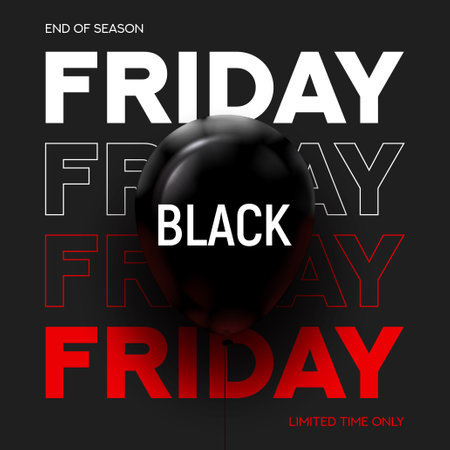 Black Friday typography background. Modern minimal text symbol of Black Friday with black balloon and discount offer. Design template for Black Friday sale, promotion, advertising and social media ad.のイラスト素材