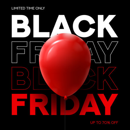 Black Friday typography banner. Modern minimal text symbol of Black Friday with red balloon and discount offer. Design template for Black Friday sale, promotion, advertising and social media ad.のイラスト素材