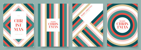 Merry Christmas and Happy New Year geometric posters. Trendy vector illustration with colorful stripes and typography design. Minimalist New Year flyers for card, poster, cover, social media.のイラスト素材