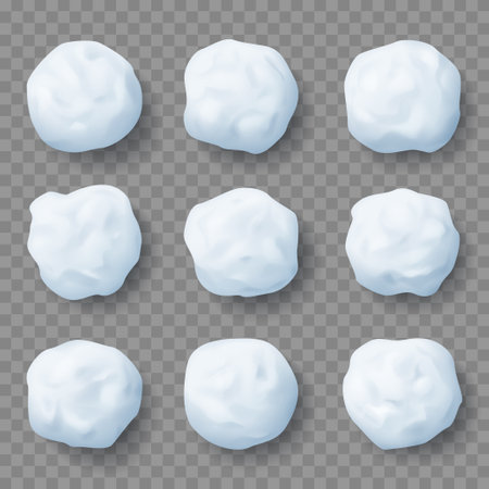 Set of realistic snow splats. 3d vector snowballs. Snow splats isolated on transparent background. Christmas fun fight. Winter holiday children games snowballs. Set of snow round frost balls.のイラスト素材