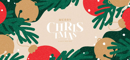 Merry Christmas and Happy New Year banner. Trendy vector illustration with Christmas fir tree branches, jingle bells, snow and typography design. Bright New Year banner for ads, cover, social media.のイラスト素材