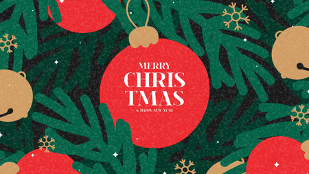 Merry Christmas and Happy New Year greeting banner. Trendy background with Christmas fir tree branches, jingle bells, snowflakes and typography design. New Year banner for ads, cover, social media.のイラスト素材