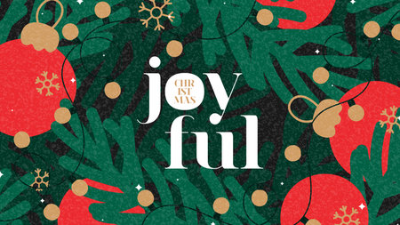 Merry Christmas greeting banner. Trendy vector illustration with Christmas fir tree branches, balls, garland, snowflakes and typography design. Bright Christmas banner for ads, cover, social media.のイラスト素材