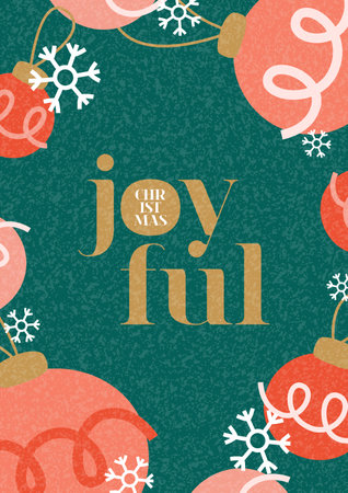 Merry Christmas poster template. Trendy vector illustration with Christmas balls, snowflakes and typography design. Contemporary minimalist New Year flyer for card, poster, cover, social media.のイラスト素材