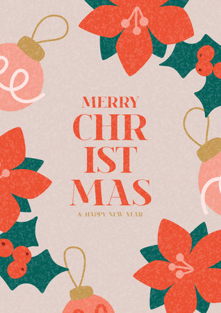 Christmas and New Year poster template. Trendy vector illustration with Christmas decoration and typography design. Contemporary minimalist New Year flyer for card, poster, cover, social media.のイラスト素材