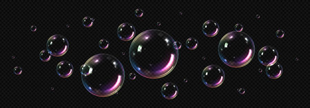 Vector realistic soap bubbles template. Transparent flying liquid bubbles isolated on checkered dark background. Template of round soap bubbles with holographic and glares effect for design.のイラスト素材
