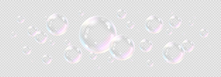 Realistic soap bubbles template. Vector transparent flying liquid bubbles isolated on checkered background. Template of round soap bubbles with holographic and glares effect for design.のイラスト素材