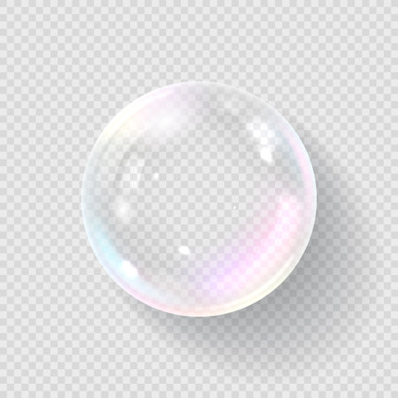 Template of vector realistic soap bubble. Transparent liquid bubbles isolated on checkered background. Template of round soap bubbles with holographic and glares effect for design.のイラスト素材