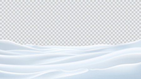 Realistic winter snow landscape template. Realistic texture of winter snow with snowdrifts isolated on checkered background. 3d vector illustration with frozen hills covered snow. Cold winter desert.のイラスト素材