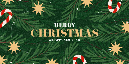 Greeting Christmas and New Year banner. Trendy vector illustration with candy canes, stars, Christmas tree and typography design. New Year banner for card, poster, cover, social media.のイラスト素材