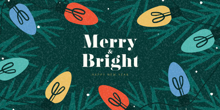 Happy New Year banner template. Trendy vector illustration with colorful garlands, Christmas tree and typography design. Holiday New Year banner for card, ads, poster, cover, social media.のイラスト素材