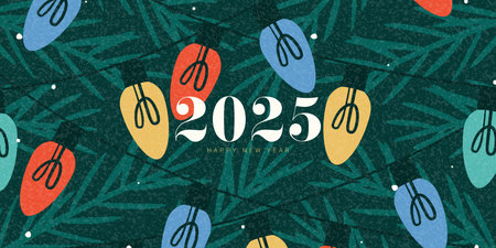 Happy 2025 New Year banner. Colorful vector illustration with colorful garlands, Christmas tree and typography design. Trendy holiday New Year banner for card, ads, poster, cover, social media.のイラスト素材