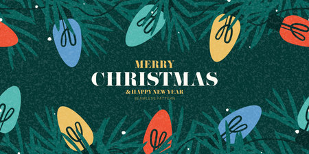 Christmas and New Year seamless pattern. Trendy vector illustration with colorful garlands, Christmas tree and typography design. Seamless holiday New Year banner for ads, decor, cover, social media.のイラスト素材