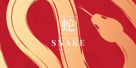 Holiday banner for 2025 Chinese New Year. Vector illustration with snakes, Asian symbols. Year of the Snake. 2025 Lunar New Year. Translation of hieroglyphs: snake. Template of cover, card, poster.のイラスト素材