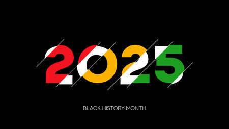 Black history month banner 2025. Modern minimal sliced number 2025 with Black History Month colors. African-American History Month vector symbol for promotion, card, poster and social media ad.のイラスト素材