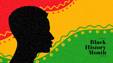 Black History Month banner template. Vector card with head silhouette on pattern with Black History Month colors. African-American History Month banner for promotion, card, poster and social media ad.のイラスト素材