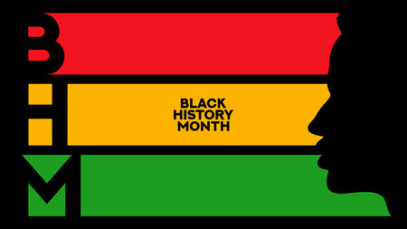 Greeting banner for Black History Month. Vector card with head silhouette and stripes colored Black History Month colors. African-American History Month banner for card, poster and social media ad.のイラスト素材