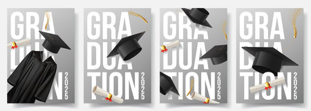 Modern posters of graduation 2025. Vector set of flyers with graduation caps and gown, lettering design. Graduation cards for decoration social media, poster, degree ceremony, party.のイラスト素材