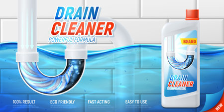 Concept ad of drain cleaner product. 3d vector concept of drain pipe cleaner product. Realistic banner with flooded bathroom, pipe filled with dirt and bottle. Cleansing product advertising for siphonのイラスト素材