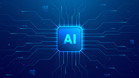 Futuristic AI chip concept. Artificial Intelligence semiconductor technology concept with circuit board. Vector illustration with AI CPU and light glowing elements. Artificial Intelligence banner.のイラスト素材