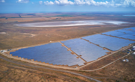 air view of the fields with solar panels