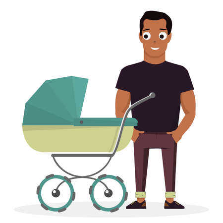 Young father with a baby carriage on the background of white.のイラスト素材