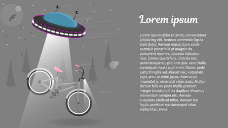 UFO alien flying with lights took the bike. Funny cartoon vector illustration .のイラスト素材