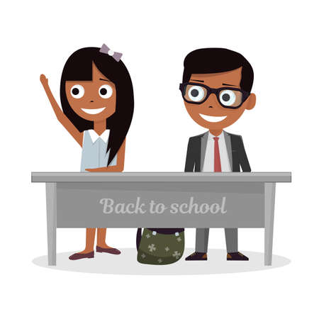 Schoolgirl and schoolboy sitting at Desk and raise my hand in class.のイラスト素材