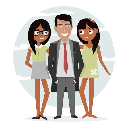 Man surrounded by two beautiful girls. Successful businessman in a suit, macho and handsome. Attractive guy on vacation.のイラスト素材