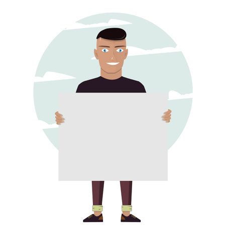 Cartoon character on a white background. Man keeps big white card.