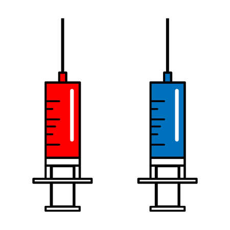 Trendy style for graphic design, user interface, mobile app. Vector syringe icon for injection vaccine with red blood liquid isolated on white background.のイラスト素材