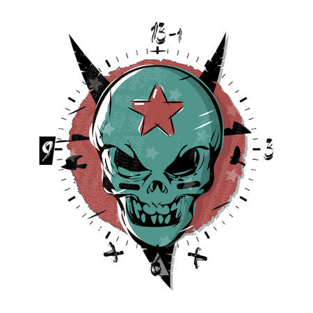 Evil skull with a star on his forehead. Gothic watch, clock design dial plate. Vector illustration art in tattoo style.のイラスト素材
