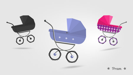 Baby stroller set Isolated on white background. Cartoon pram vector illustration. Trendy style for...
