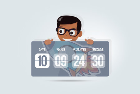 Countdown for site with happy boy. Cartoon timer background. Coming soon. Elements of web design for...