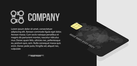 Black credit card with world map and security symbols. Banking concept banner. Business serious style for the site.のイラスト素材